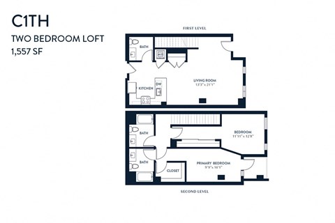 Floor plan for 2 beds, 2.5 baths, 1557 sqft